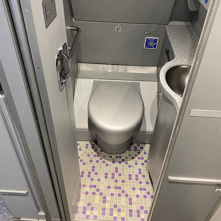 Toilet area of Airplane Cabin mock-up, including storage areas, basin, and locking facilities at the  Training Facilities.